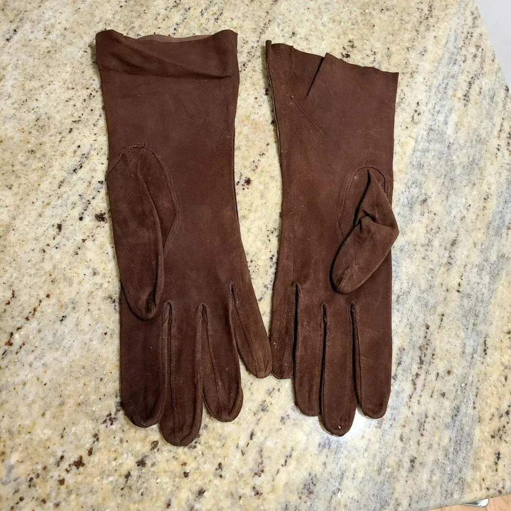 Vtg Gloves Brown Suede Mid Length Embroidered 6 3/4 HA&E Smith France Chevreau